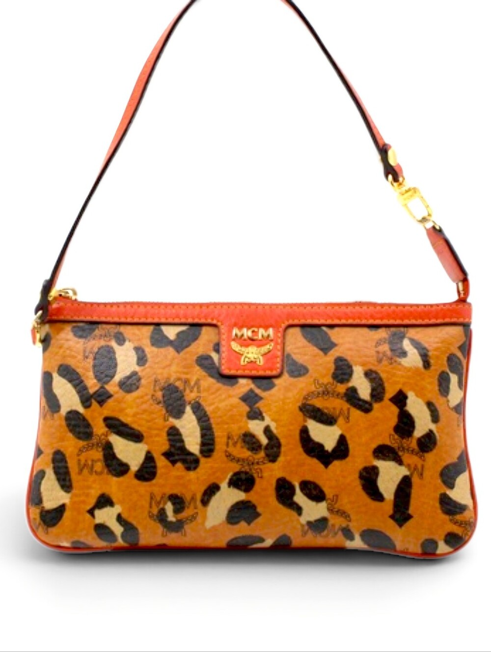 MCM Leopard-Print Visetos Shoulder Bag Pochette in Cognac Orange Trim